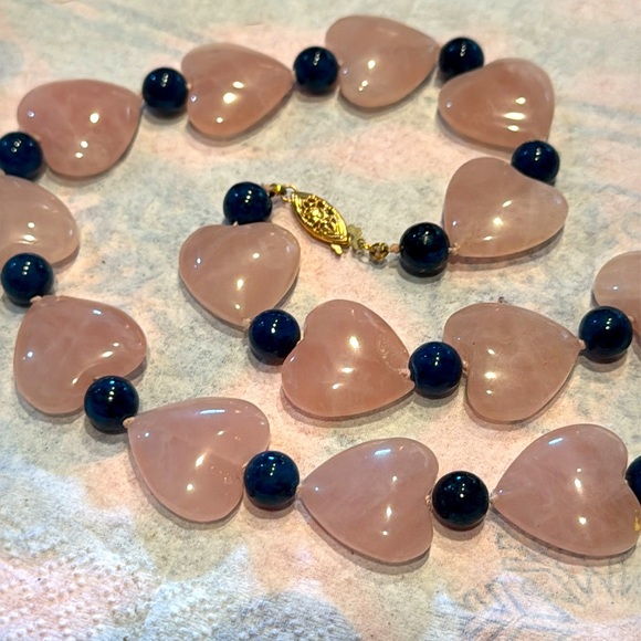 Rose quartz heart beads & lapis knotted necklace w/ 14K gold clasp - 24”’ - Picture 4 of 5